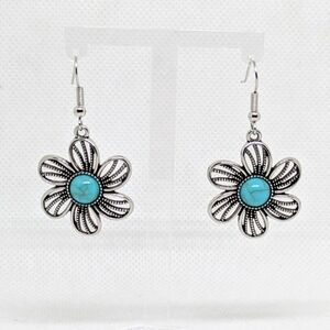 NEW Boho Earrings Silvertone Flower Faux Turquoise Costume Jewelry Cottagecore